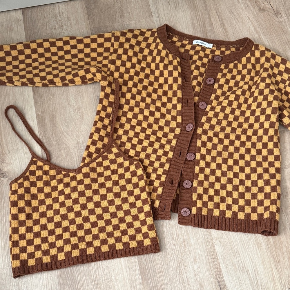 Gimaguas Brown and Yellow Checkered Cardigan and Tank Set sz S